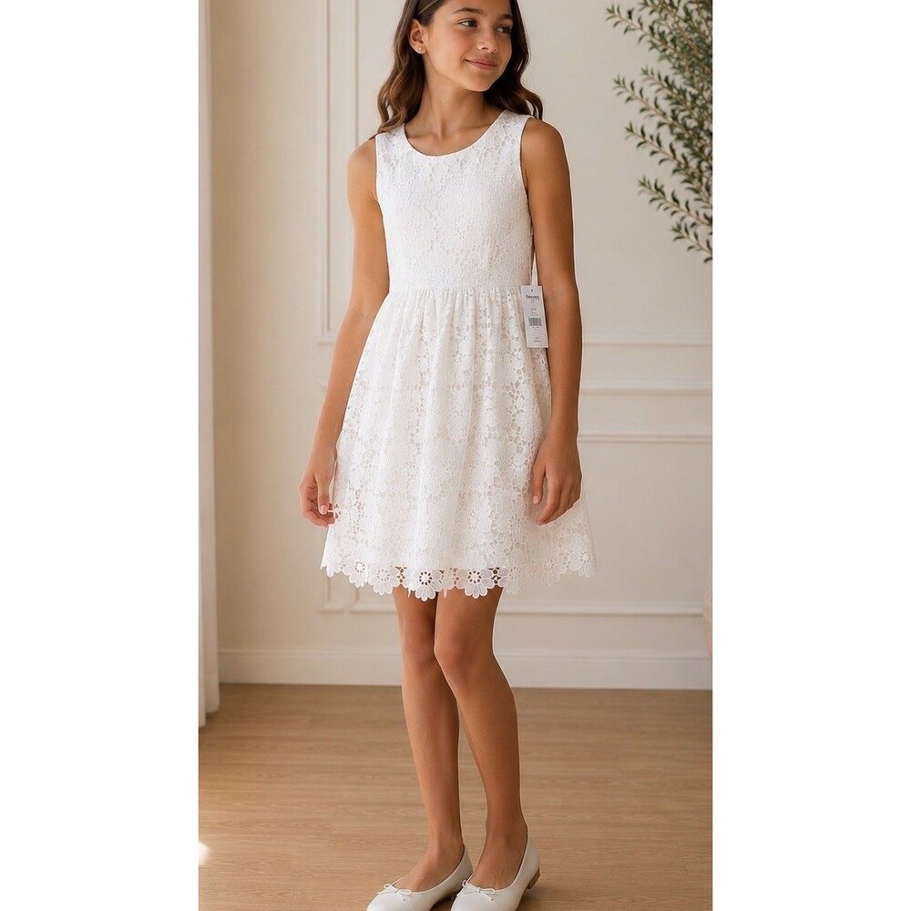 Kensie Girls White Floral Lace Fit Flare Dress Sleeveless Easter Party Size 16 - Picture 1 of 16